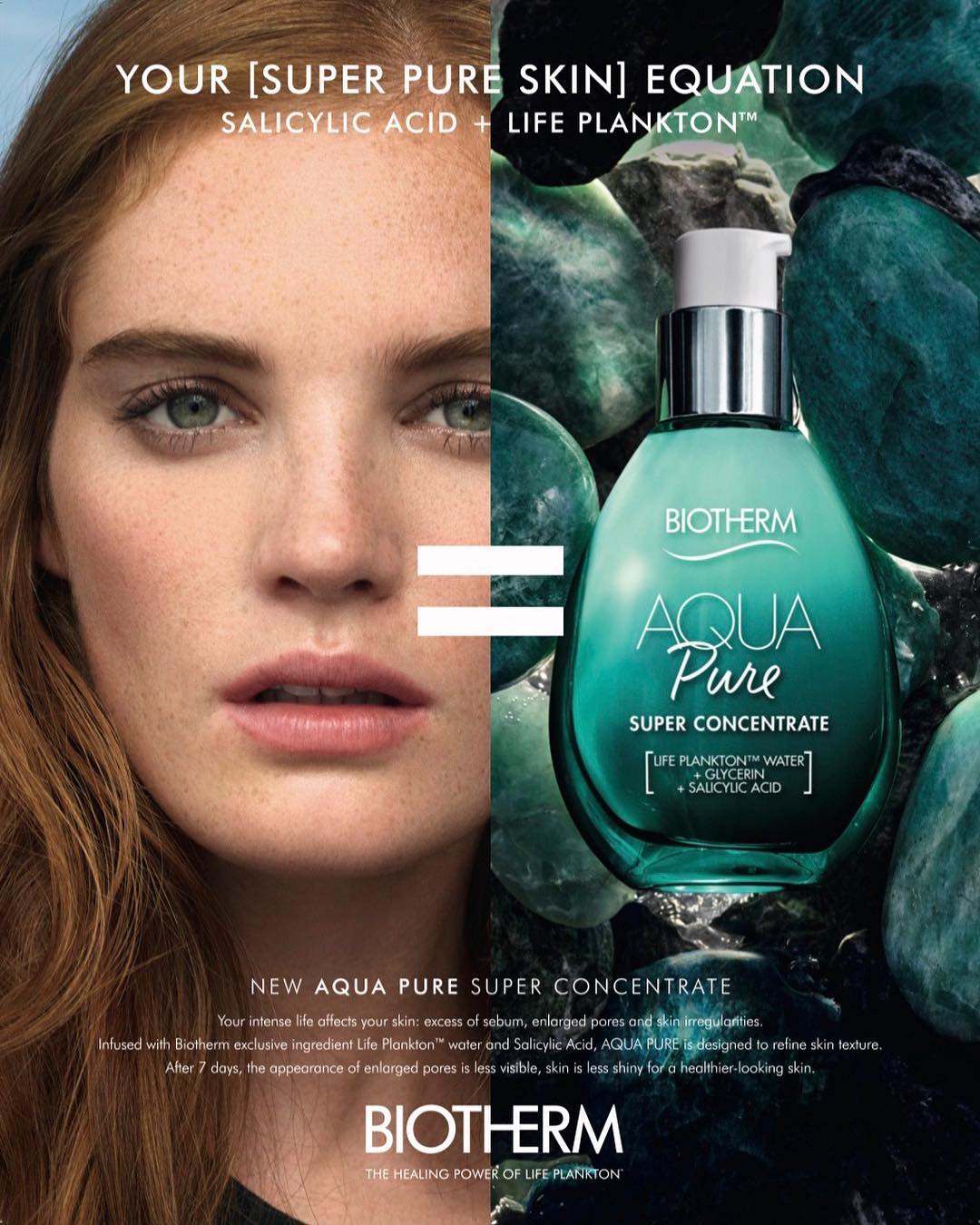 Beauty advertisement featuring a woman and Biotherm Aqua Pure product bottle against green stone backdrop, promoting skincare.