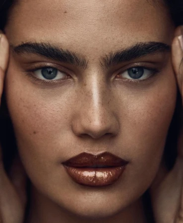 Close-up portrait of a woman with dark brows, blue eyes, freckles, and glossy dark lips framed by hands, by Adam Franzino.
