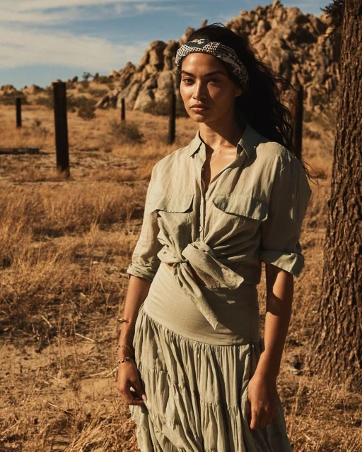 Woman in casual button-down shirt and tiered skirt, posing outdoors in a desert landscape with rocks, trees, and posts.