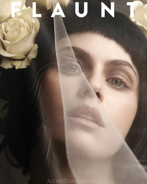 Close-up fashion-style portrait of Alexandra Daddario with a veil and white roses framing her face. Magazine cover aesthetic and soft lighting.