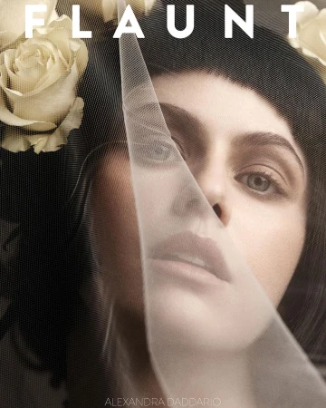 Close-up fashion-style portrait of Alexandra Daddario with a veil and white roses framing her face. Magazine cover aesthetic and soft lighting.