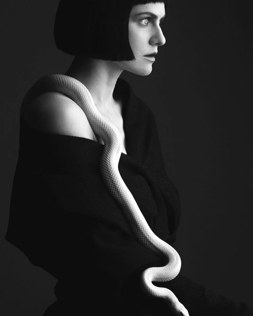 Monochrome portrait of a woman with a bob haircut, wearing a black top, posing with a white snake draped over her shoulders in the studio.