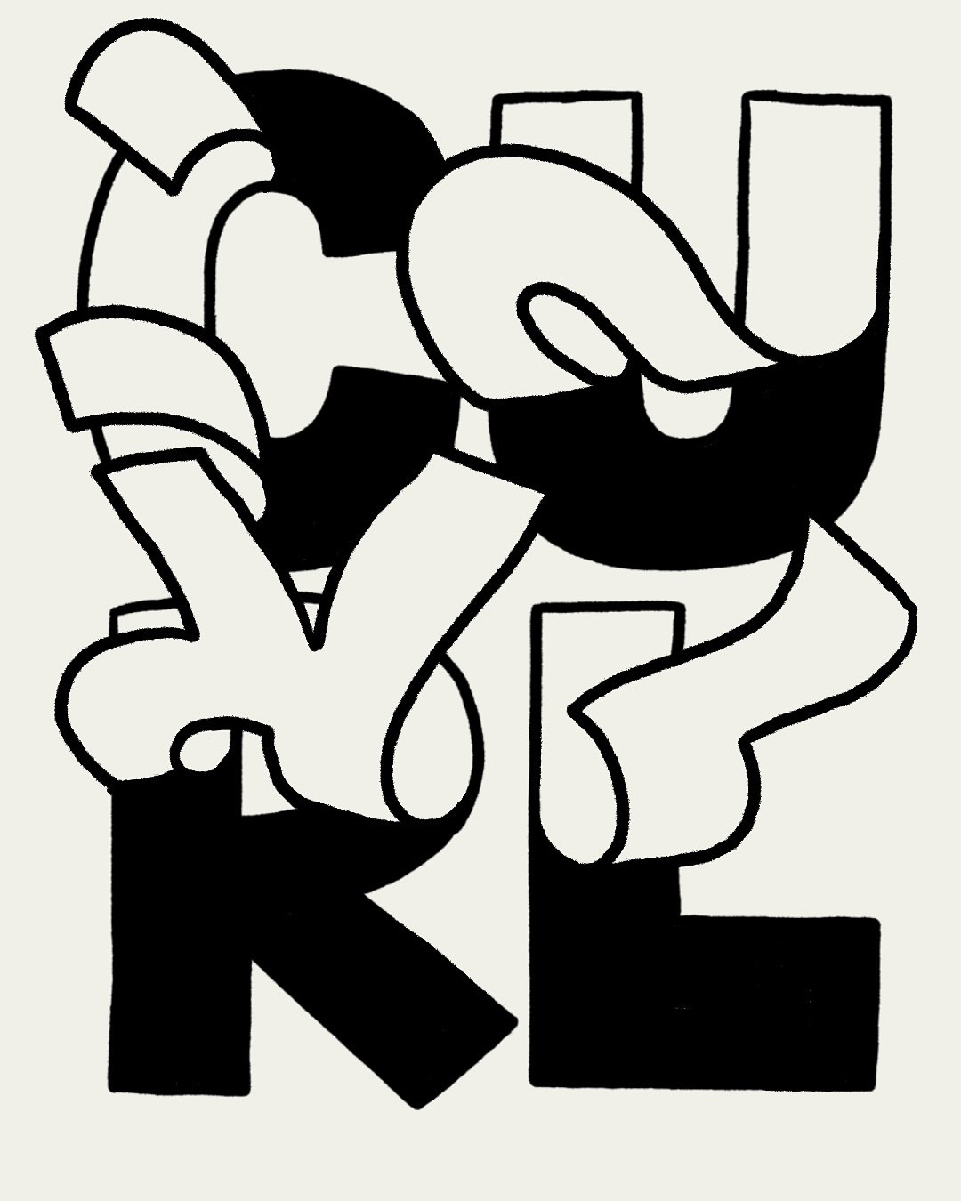 Black and white typographic illustration of stylized, abstract letters forming a vertical composition, resembling a poster design.