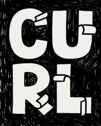 Monochrome illustration featuring bold white typography spelling the word CURL against a dense black scribbled background.