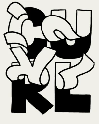 Monochrome typographic illustration featuring bold, interwoven black and white letters forming abstract graphic shapes on a pale background.