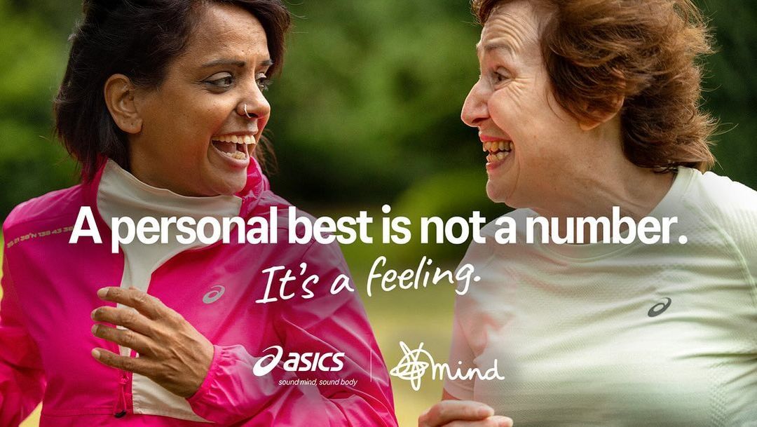 Two women of different ages and ethnicities laugh together outdoors, wearing athletic clothing in a promotional image with text and logos.