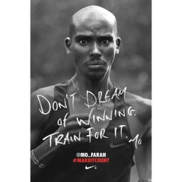 Black and white portrait of Mo Farah running with intense expression wearing a tank top with overlaid motivational text