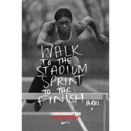 Black and white portrait of a female athlete hurdling on a track with handwritten overlay text by Adam Hinton.