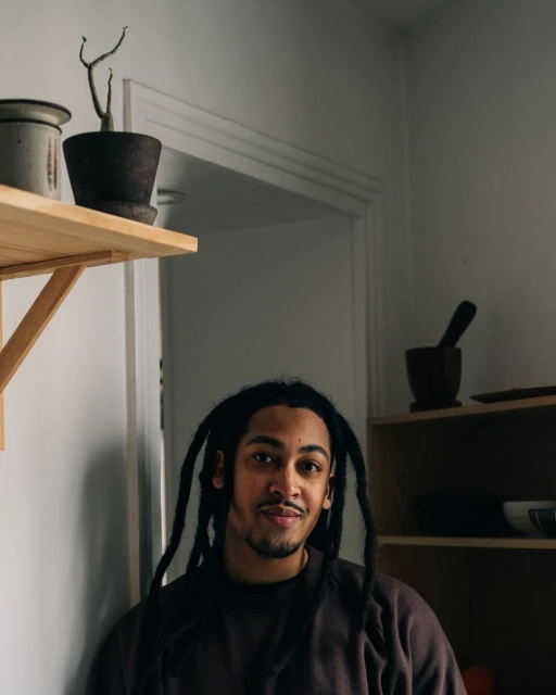 Portrait of a stylish adult man with dreadlocks, indoors near houseplants on wooden shelves against a white wall. Casual fashion.