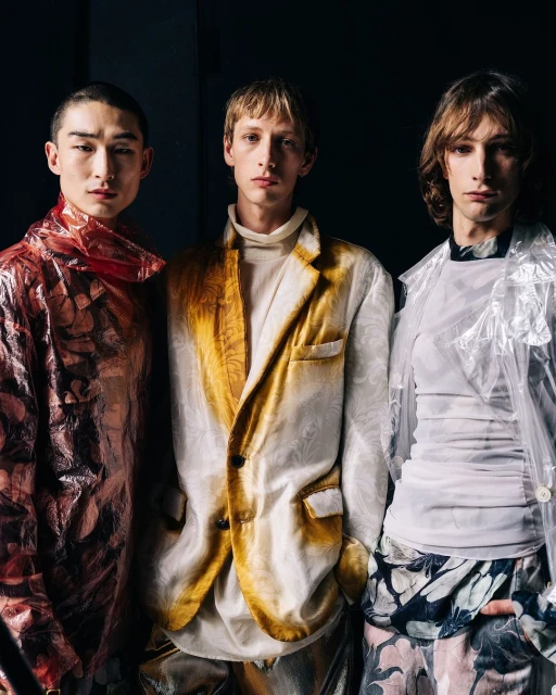 Fashion photo of three young adult men in translucent floral patterned jackets posing in a studio with dark background and eye-level camera angle.