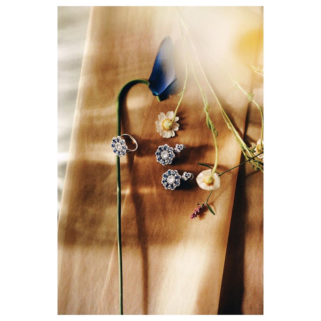 Floral jewelry set featuring a ring and earrings with blue and white stones arranged with fresh daisy and bluebonnet flowers.