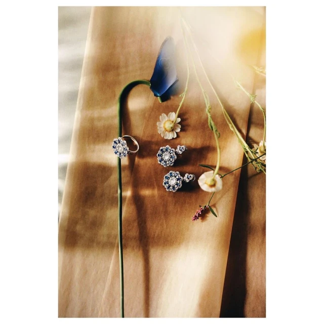 Floral jewelry set featuring a ring and earrings with blue and white stones arranged with fresh daisy and bluebonnet flowers.