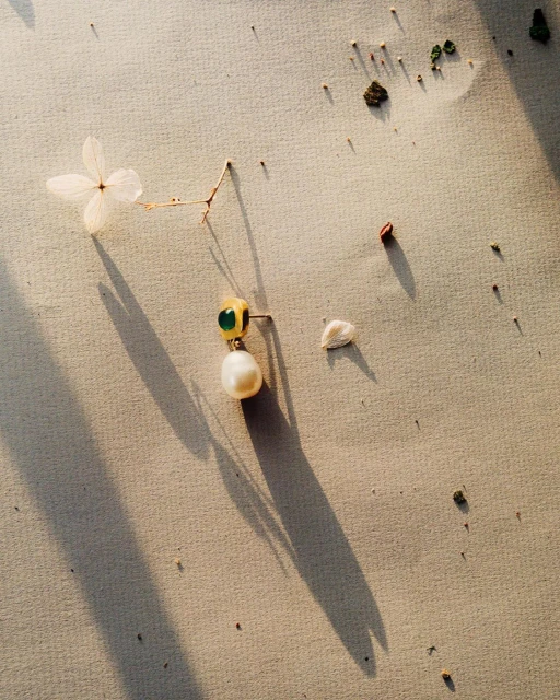 Still life of pearl and gold earring with green stone, small seeds, dried flower, on a light tan textured background with shadows.