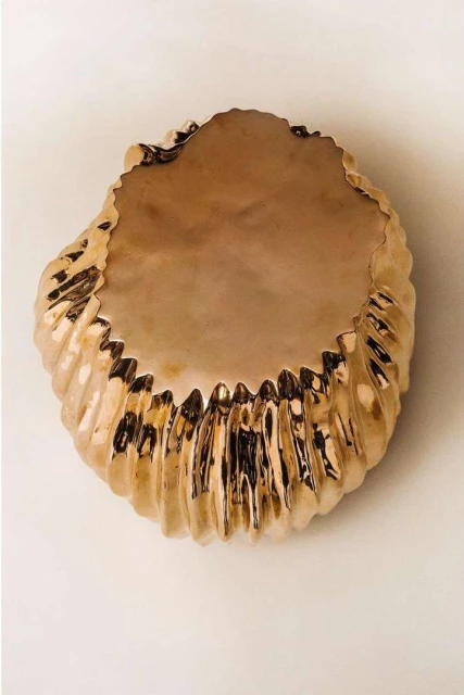 Close-up of a decorative seashell with a reflective, metallic surface, placed on a neutral background, exhibiting intricate details and texture.