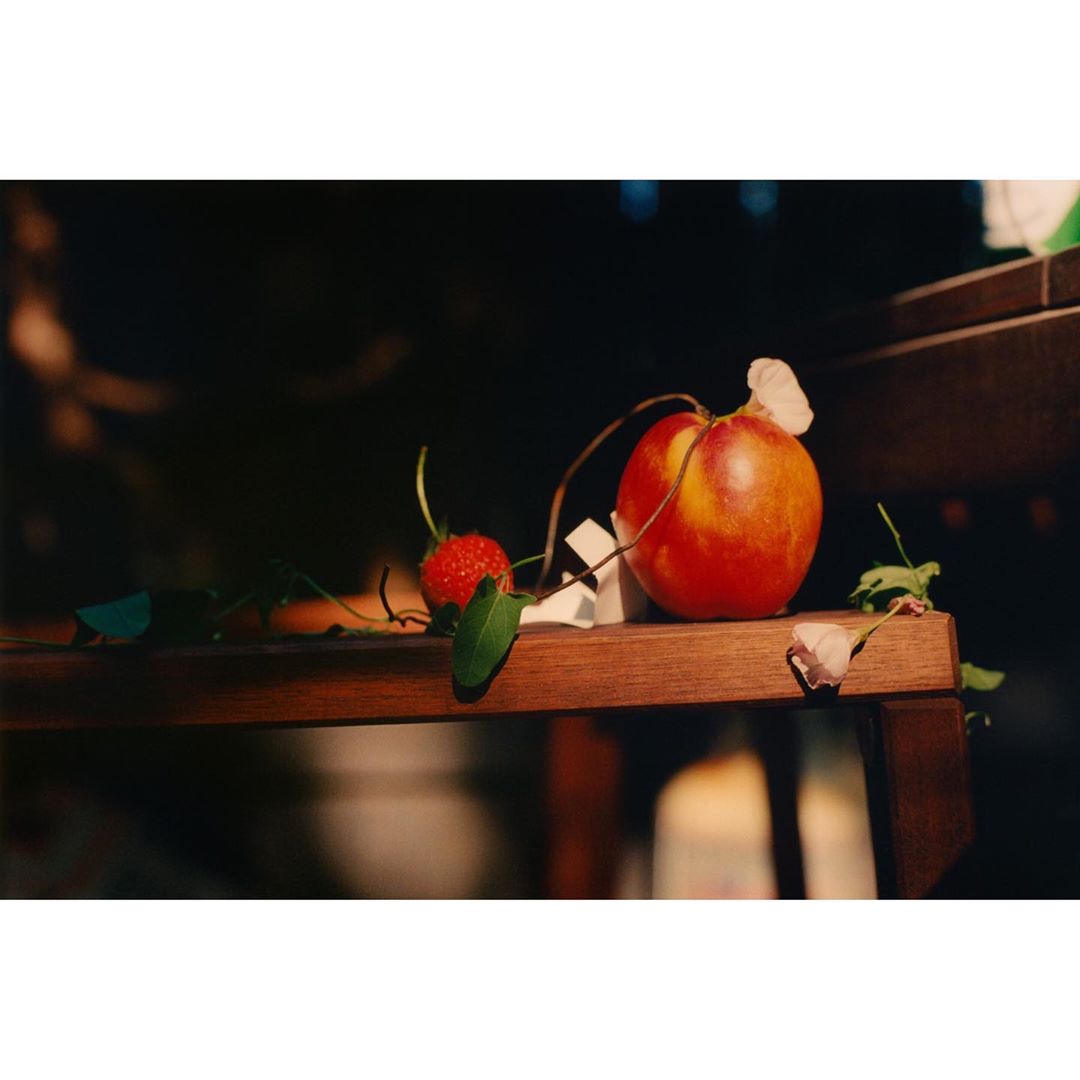 Still life of a peach and strawberry on a wooden shelf, accented by scattered white flower petals, captured in natural lighting.