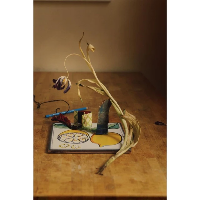 Still life photography features a wilted tulip, a lemon-themed tile, and small decorative objects on a wooden table with a neutral background.