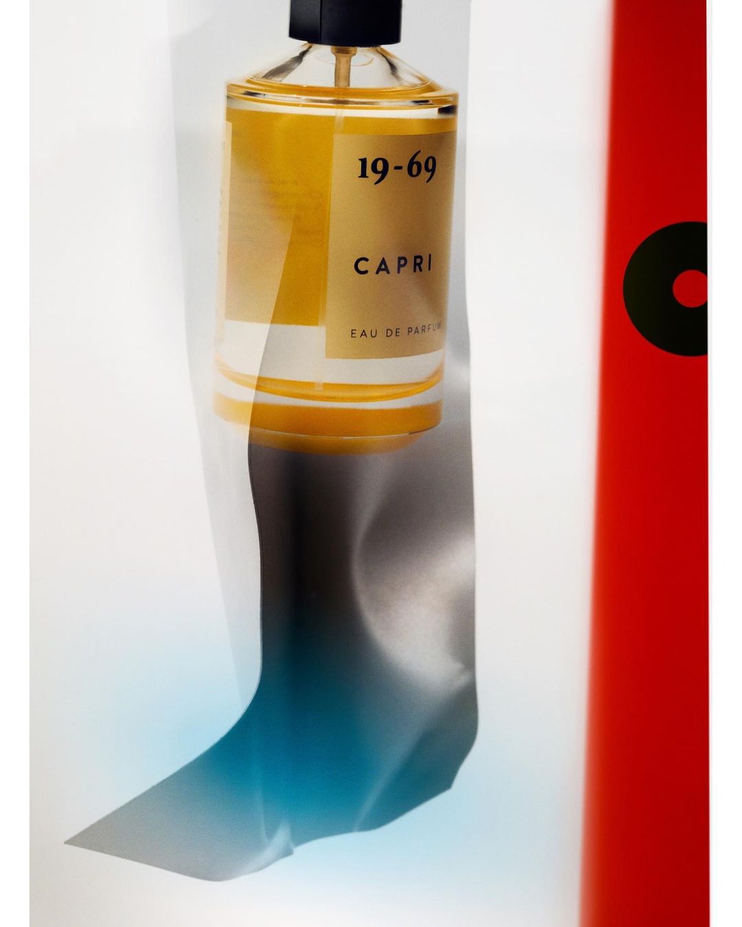 Perfume bottle of 19-69 Capri Eau de Parfum in clear glass with a black cap on a white background, showing the product label.