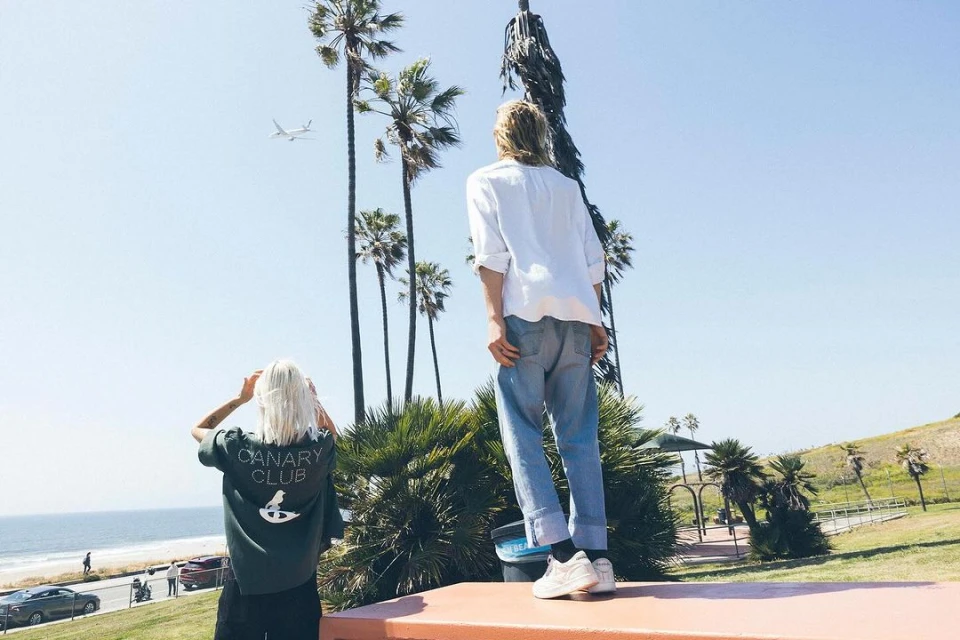 Two people stand on a platform overlooking the beach, palm trees, and ocean. An airplane is flying in the sky above the landscape.