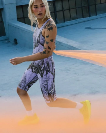 Woman with blonde hair and tattoos wearing a patterned purple athletic romper and bright yellow sneakers on a rooftop.