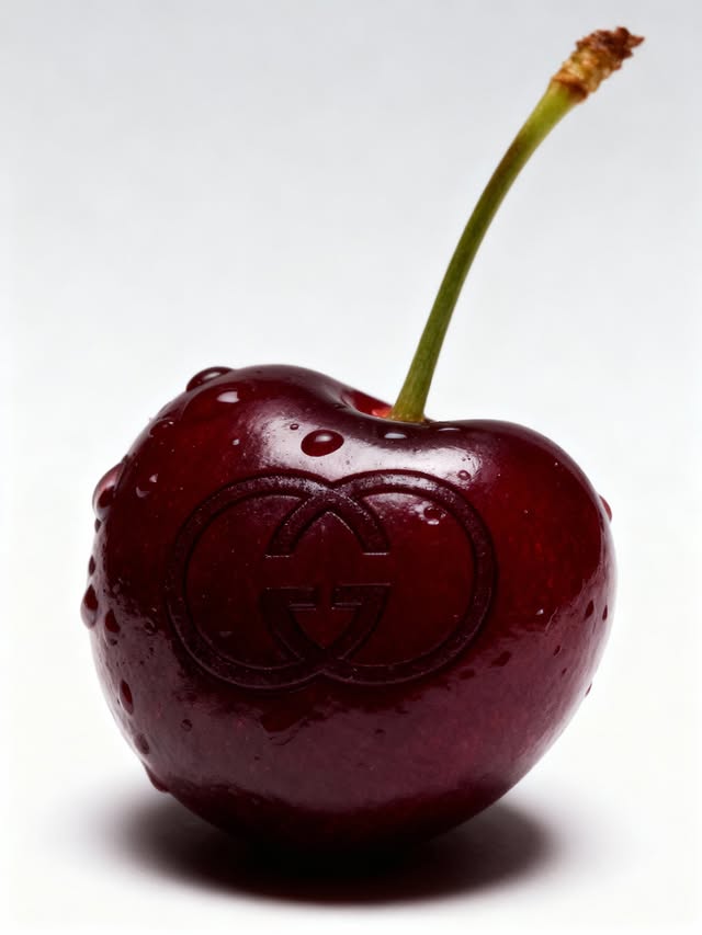 Close-up of a single, shiny dark-red cherry with a long green stem against a bright white background, featuring a debossed Gucci logo.