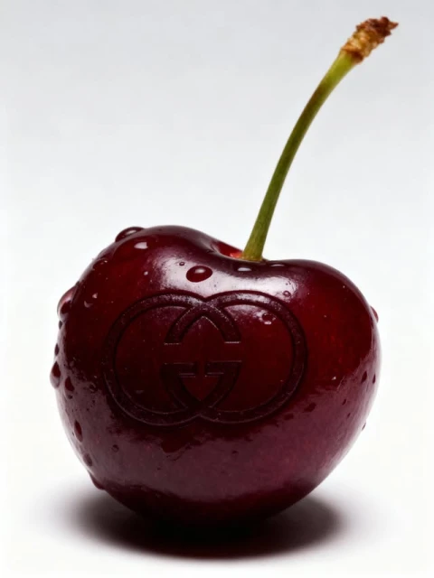 Close-up of a single, shiny dark-red cherry with a long green stem against a bright white background, featuring a debossed Gucci logo.