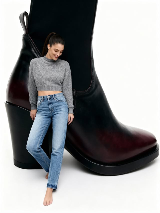 Woman poses in a grey sweater and jeans next to an oversized black and brown boot in a white studio setting for a fashion shot.