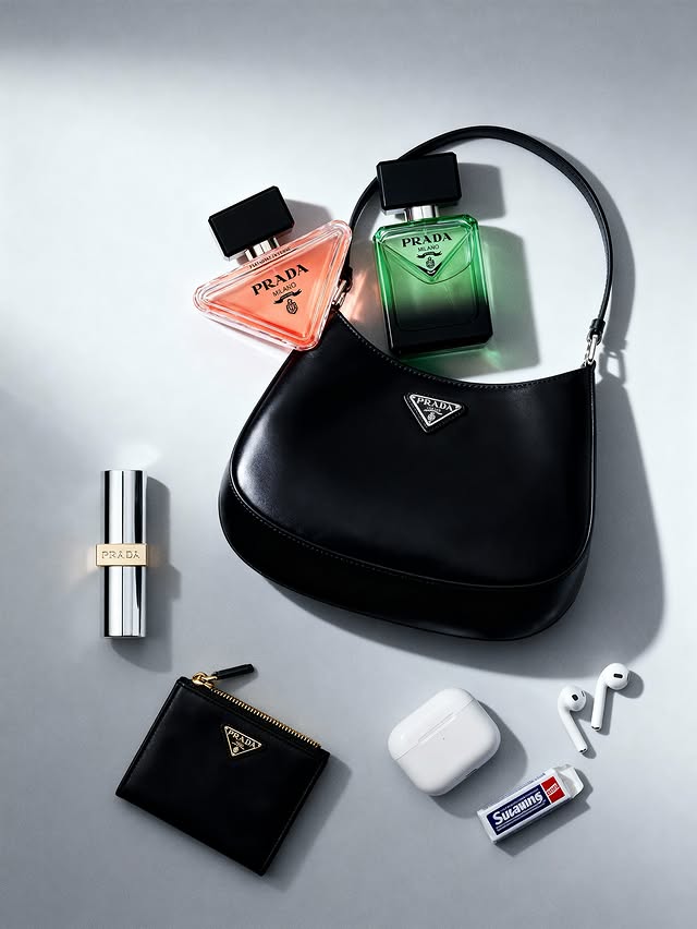 Still life featuring Prada bags, fragrance bottles, lipstick, wallet, ear buds, and gum, arranged on a neutral gray background.