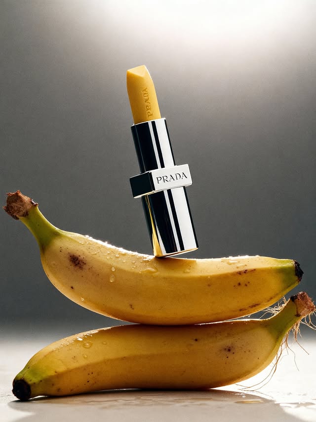 Cosmetic product still life: Prada lipstick atop two bananas with water droplets against a grey background in studio lighting.