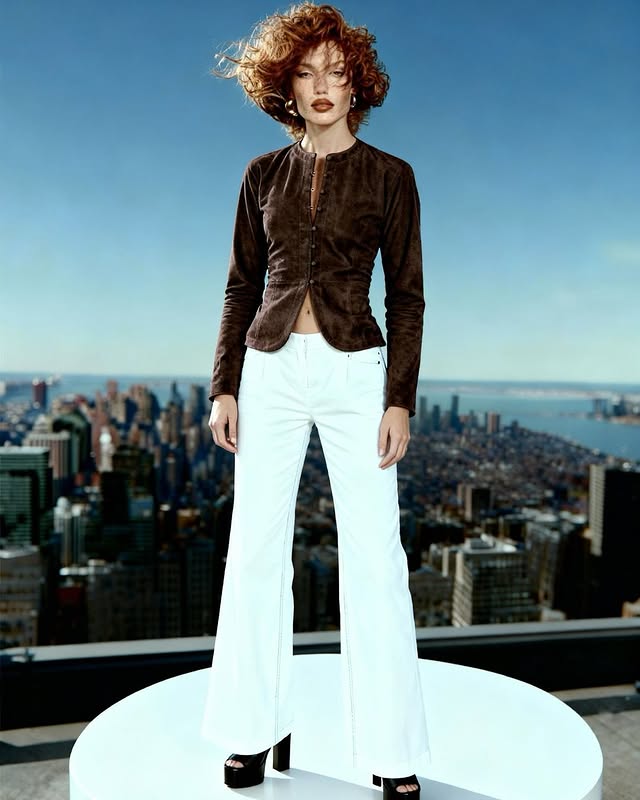 Fashion shot of a woman in a brown jacket and white pants standing on a platform with a city skyline in the background under a blue sky.
