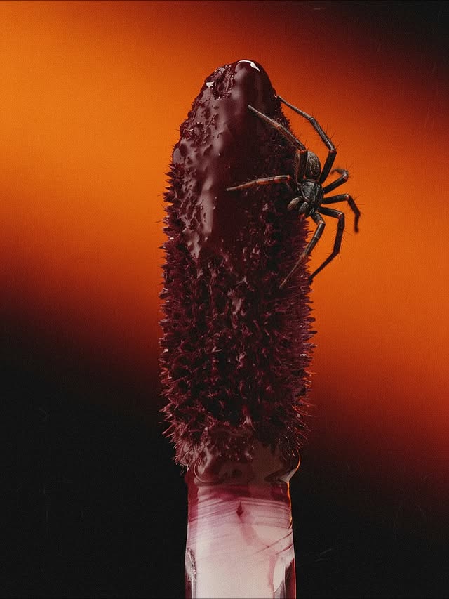 Close-up product shot of a dark red lipstick applicator with a large spider crawling on the applicator, against a gradient orange background.