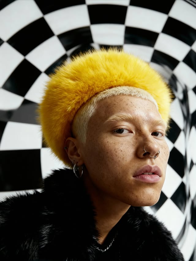 Portrait of a young adult with a yellow furry hat and faux fur jacket against a black and white checkerboard background.