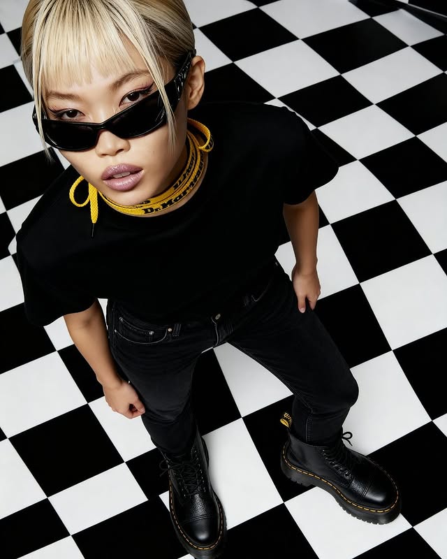 Asian woman in sunglasses, yellow choker, black t-shirt, and platform boots on a black and white checkerboard surface, low angle.