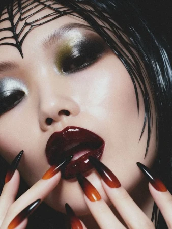 Asian woman's portrait with glossy eye and lip makeup, dramatic spider web headband, and black to orange ombre stiletto nails.