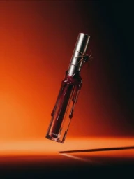 A floating lip gloss tube with melting burgundy gloss and a spider on the silver cap against an orange gradient background.
