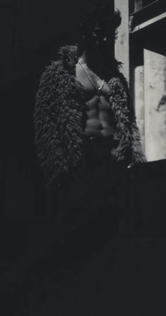 Monochrome portrait of a shirtless man wearing an open shaggy coat and metallic chain necklaces in dramatic shadow.