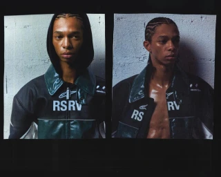 Two side-by-side portrait prints showing a young man with cornrows wearing a dark leather jacket with RSRV branding.