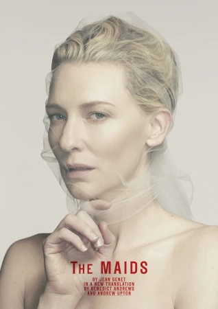 Portrait of Cate Blanchett draped in a sheer white veil against a pale background with red text overlay