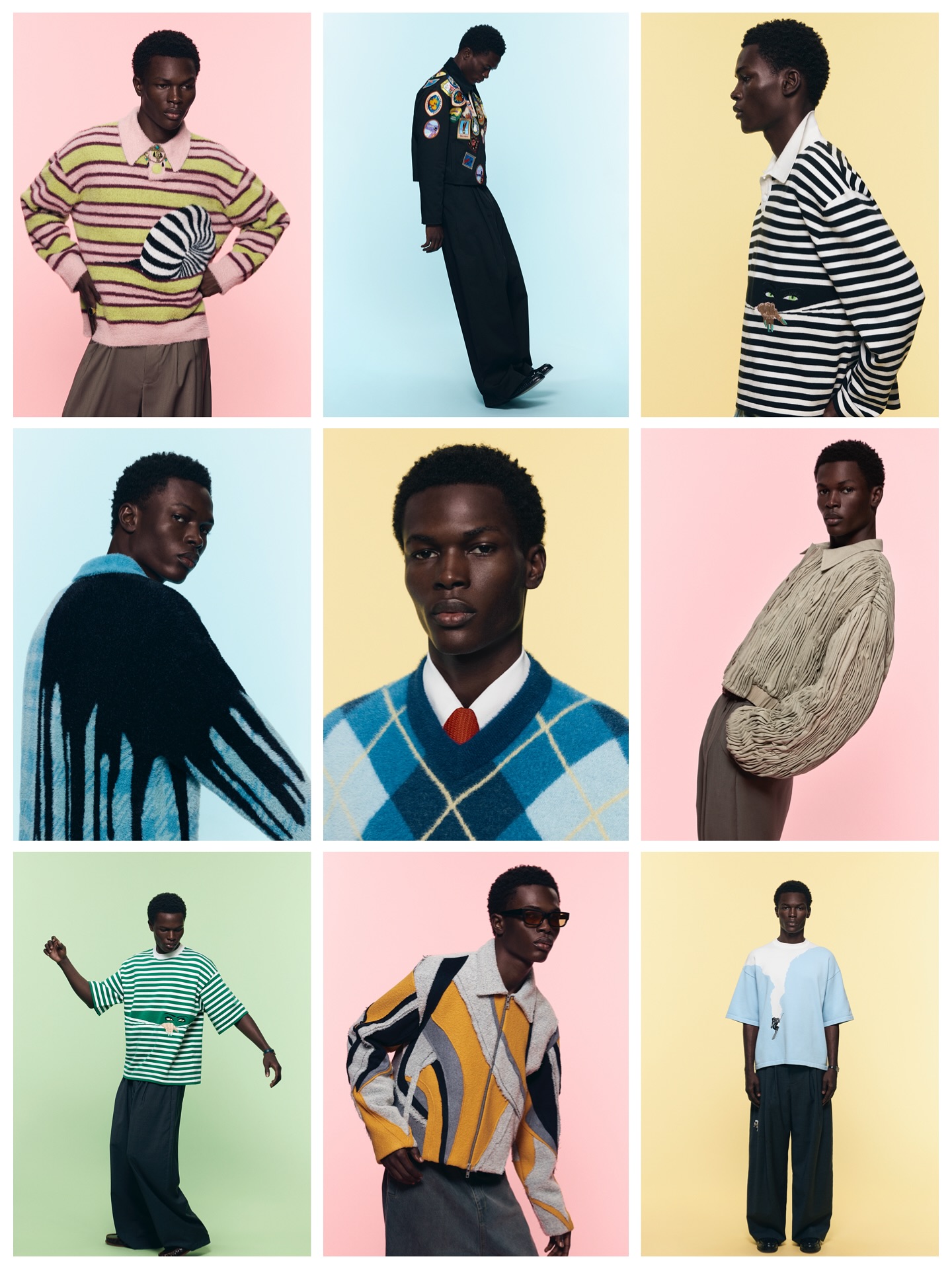 Collage of studio fashion shots featuring a dark-skinned male model in colorful sweaters and casual wear against pastel backgrounds.
