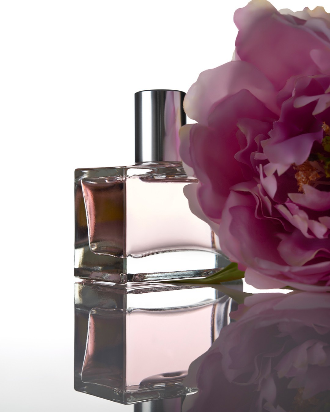 Elegant still life features a square glass perfume bottle with silver cap against a soft pink peony on a reflective white surface.