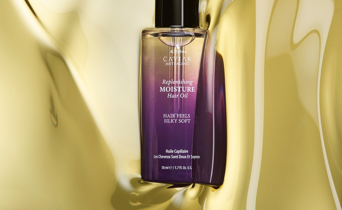 Hair oil product shot: Clear bottle featuring purple gradient, gold liquid backdrop, haircare, beauty, and personal care concept.