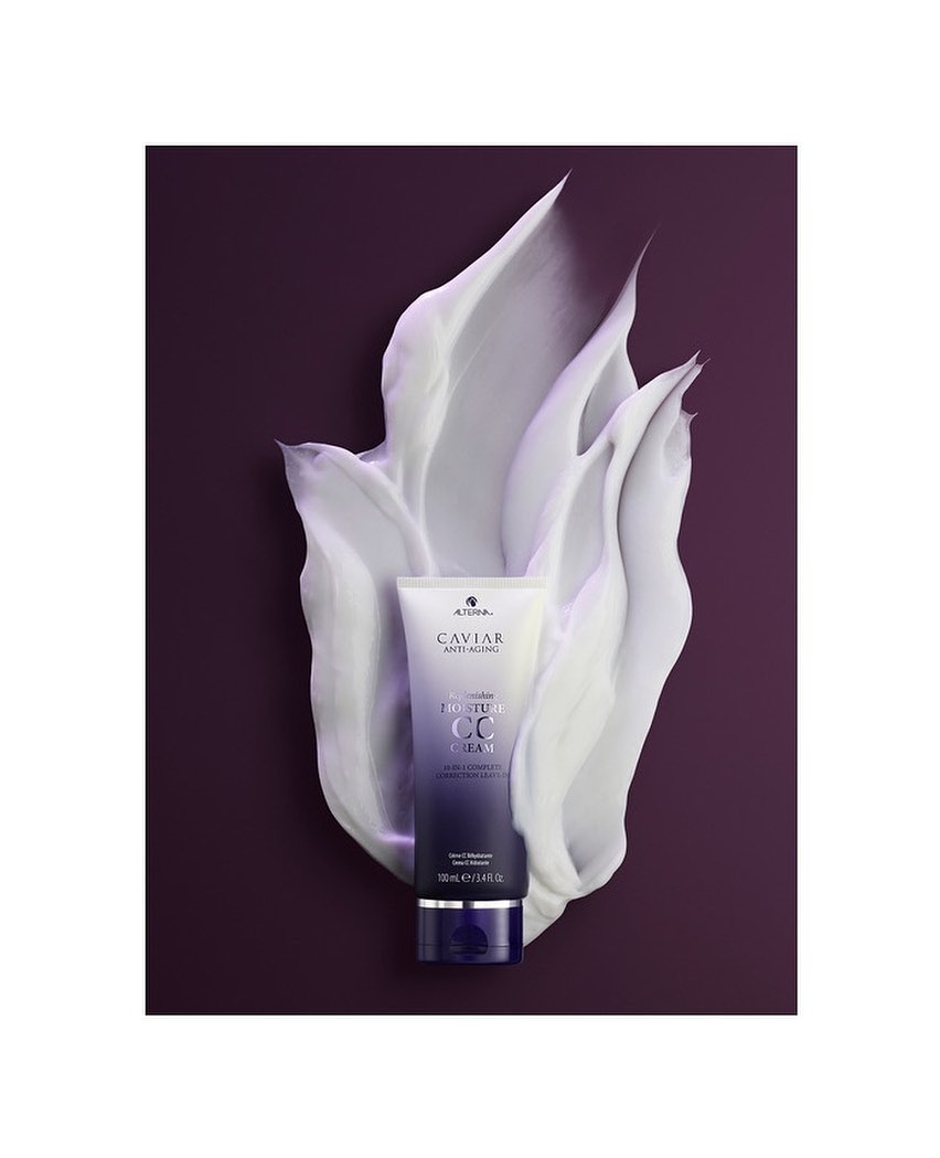 Altima Caviar Anti-Aging Restructuring CC Cream product shot with swirls of product against a dark purple backdrop.