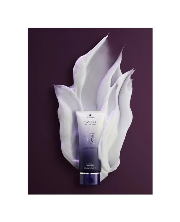 Altima Caviar Anti-Aging Restructuring CC Cream product shot with swirls of product against a dark purple backdrop.