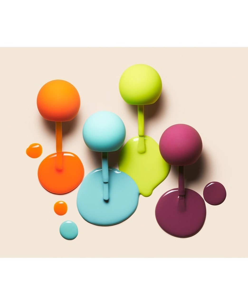Overhead shot of orange, light blue, chartreuse, and magenta nail polish bottles with round handles, with drizzles and a tan backdrop.