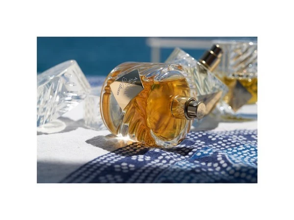 Luxury perfume bottles on a patterned cloth with hard shadows. Gold liquid is visible inside the transparent glass bottles.