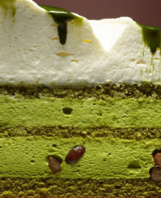 Close-up of a matcha cake layer with white cream topping, adorned with green drizzles and scattered red beans, showcasing its texture.