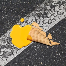 A dropped yellow ice cream cone on dark asphalt pavement with white road markings