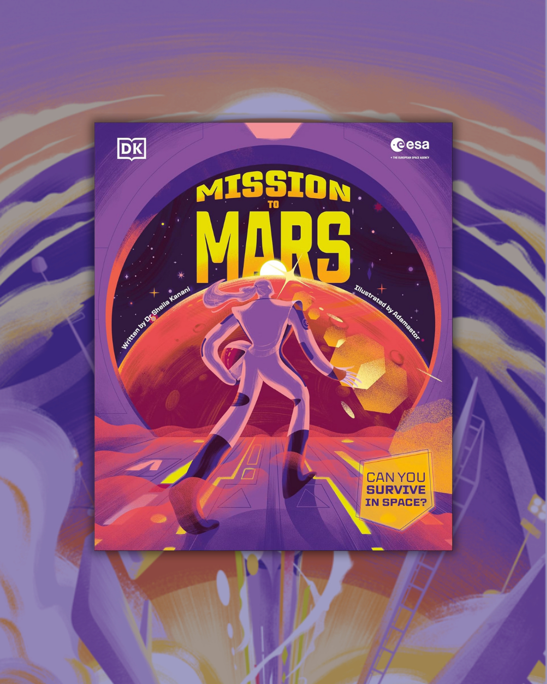 Book cover illustration of 'Mission to Mars' with astronaut on Mars-like planet, rendered in vivid, illustrative style, with DK and ESA logos.