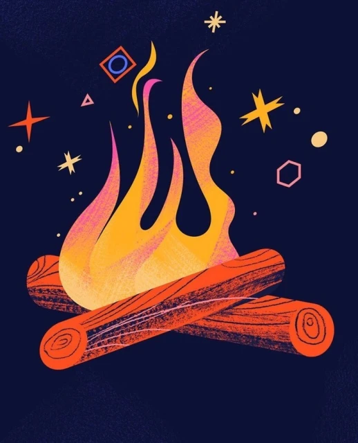 Illustration of a campfire with orange and yellow flames rising above logs against a dark blue background with star shapes.