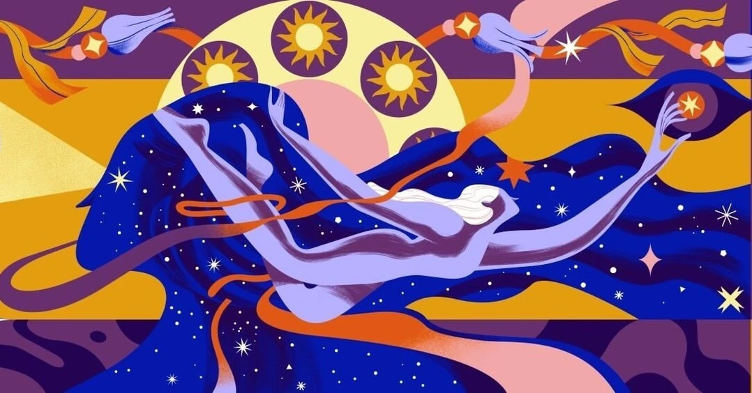 Abstract illustration of a reclining woman with a starry night and suns, rendered in shades of purple, blue, pink, and gold.