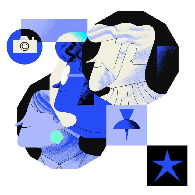 Illustration of abstract faces, including a man and a woman, along with various geometric shapes, a camera icon, a pin, and a star.